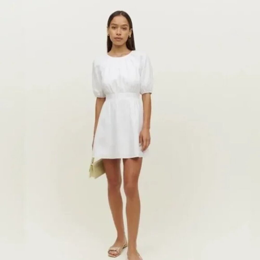 Reformation White Linen Puff Sleeve Open Back Dress Size 0